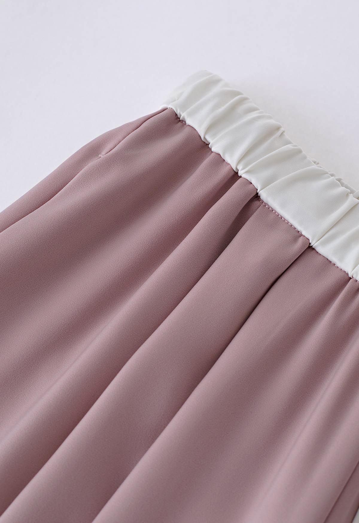 Contrast Waist Satin Pleated Straight-Leg Pants in Pink