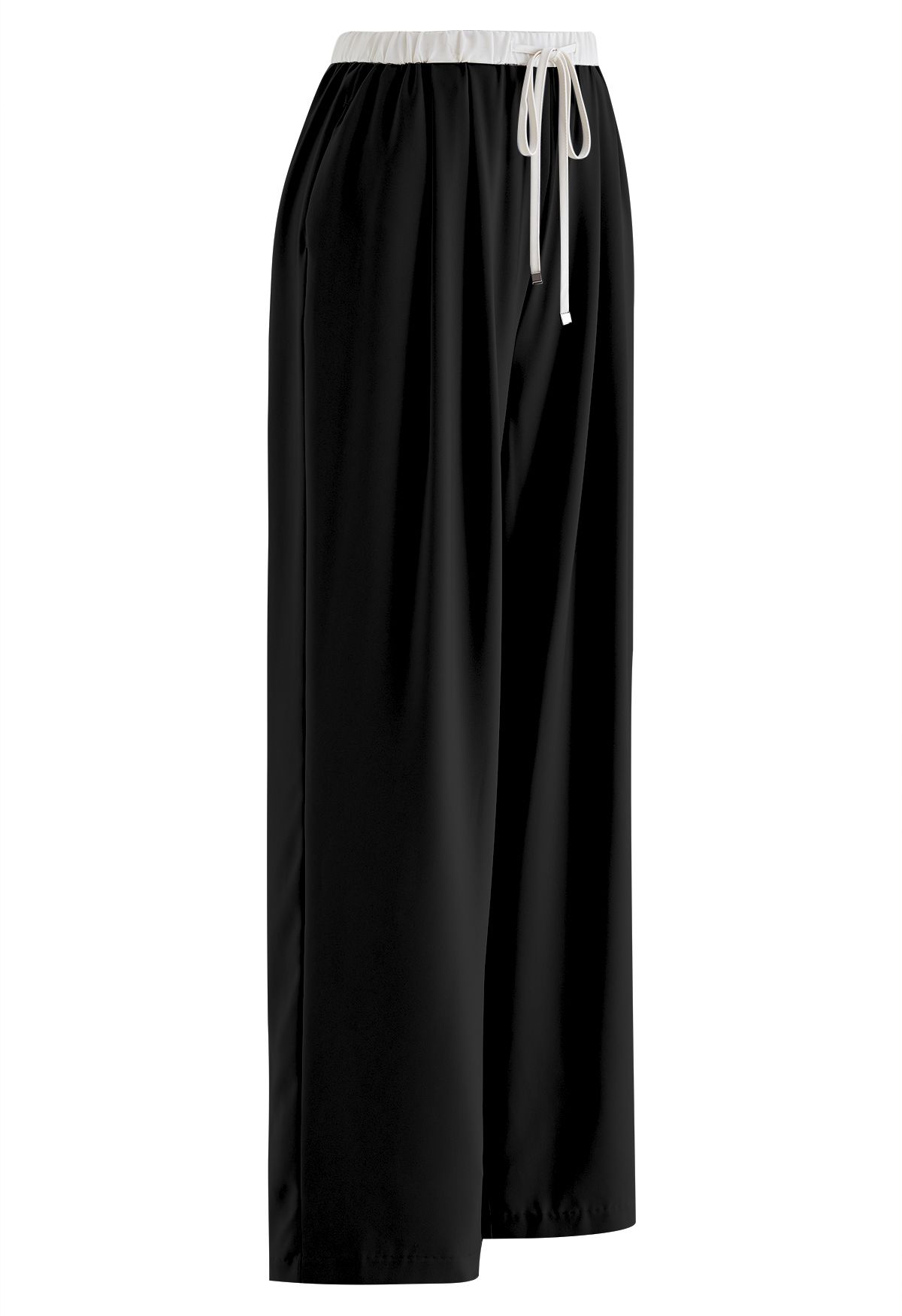 Contrast Waist Satin Pleated Straight-Leg Pants in Black