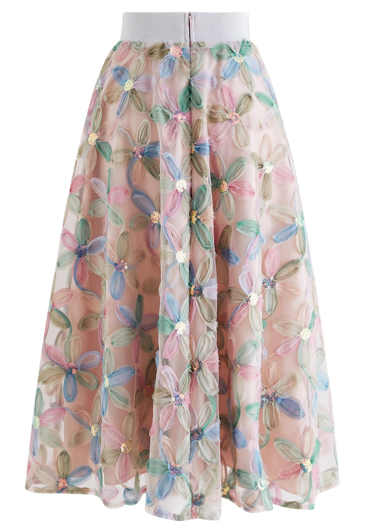 Pastel Mesh Flower Sequined Tulle Midi Skirt