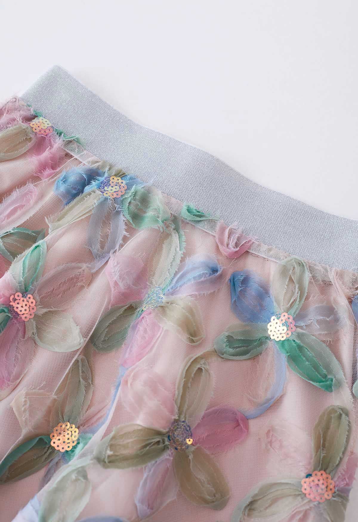 Pastel Mesh Flower Sequined Tulle Midi Skirt