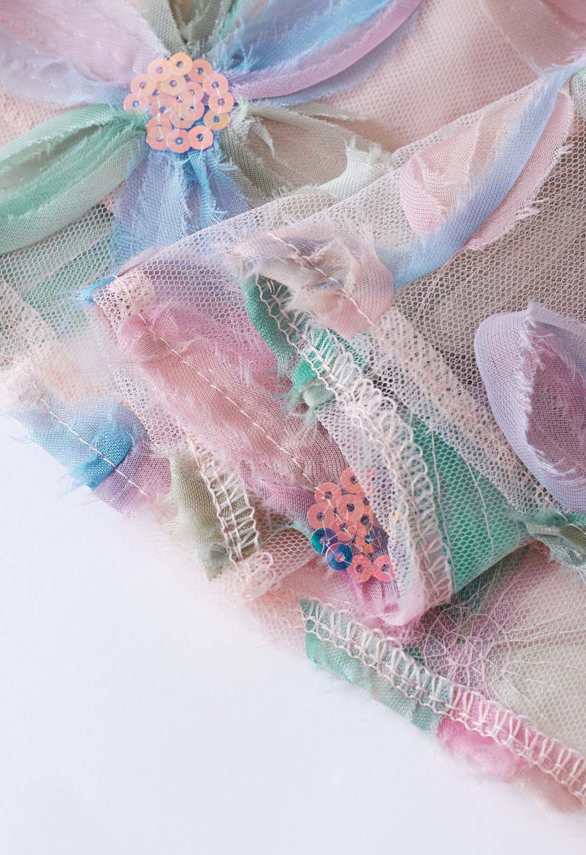 Pastel Mesh Flower Sequined Tulle Midi Skirt