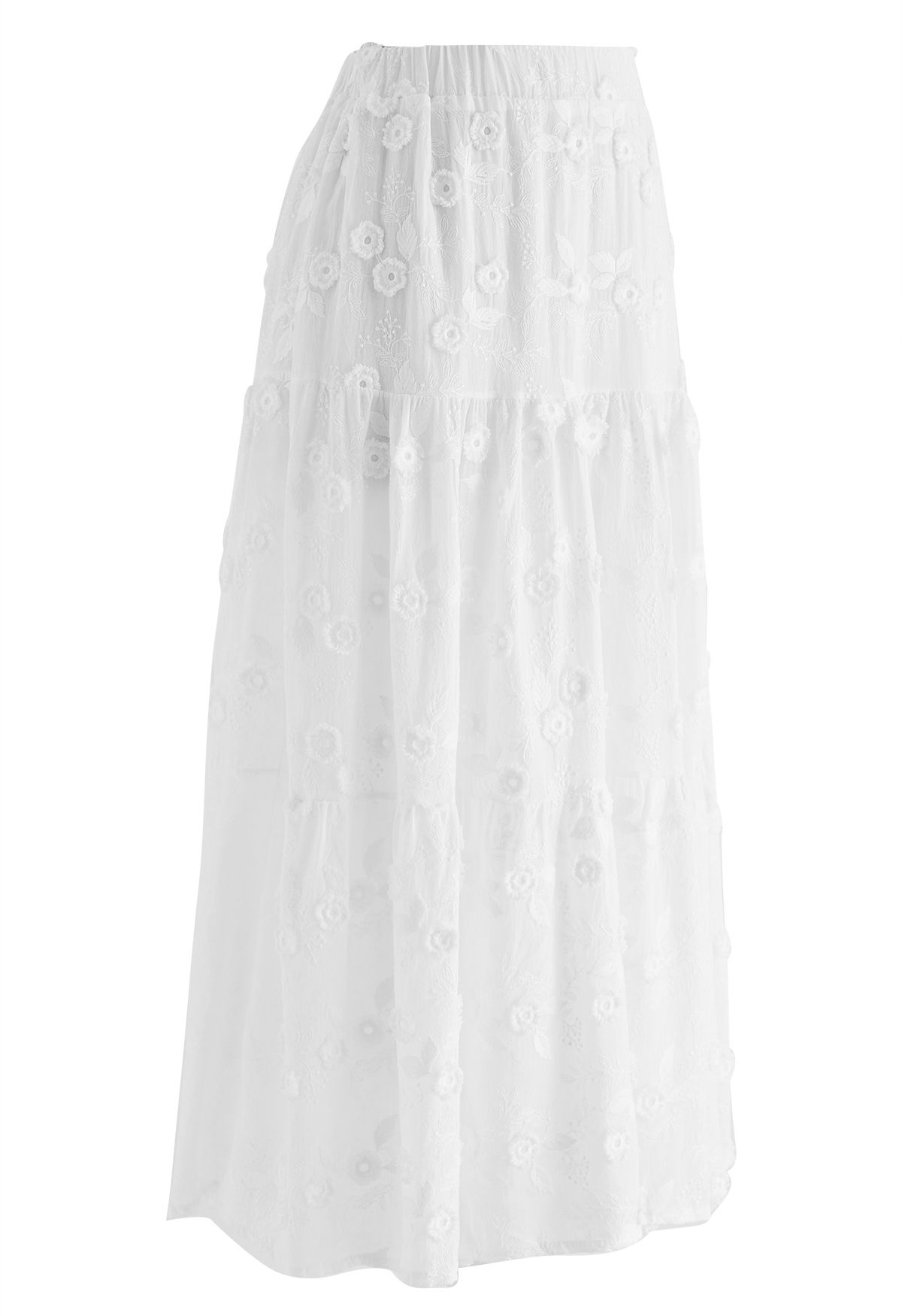 Tasseled Florets Embroidered Midi Skirt in White