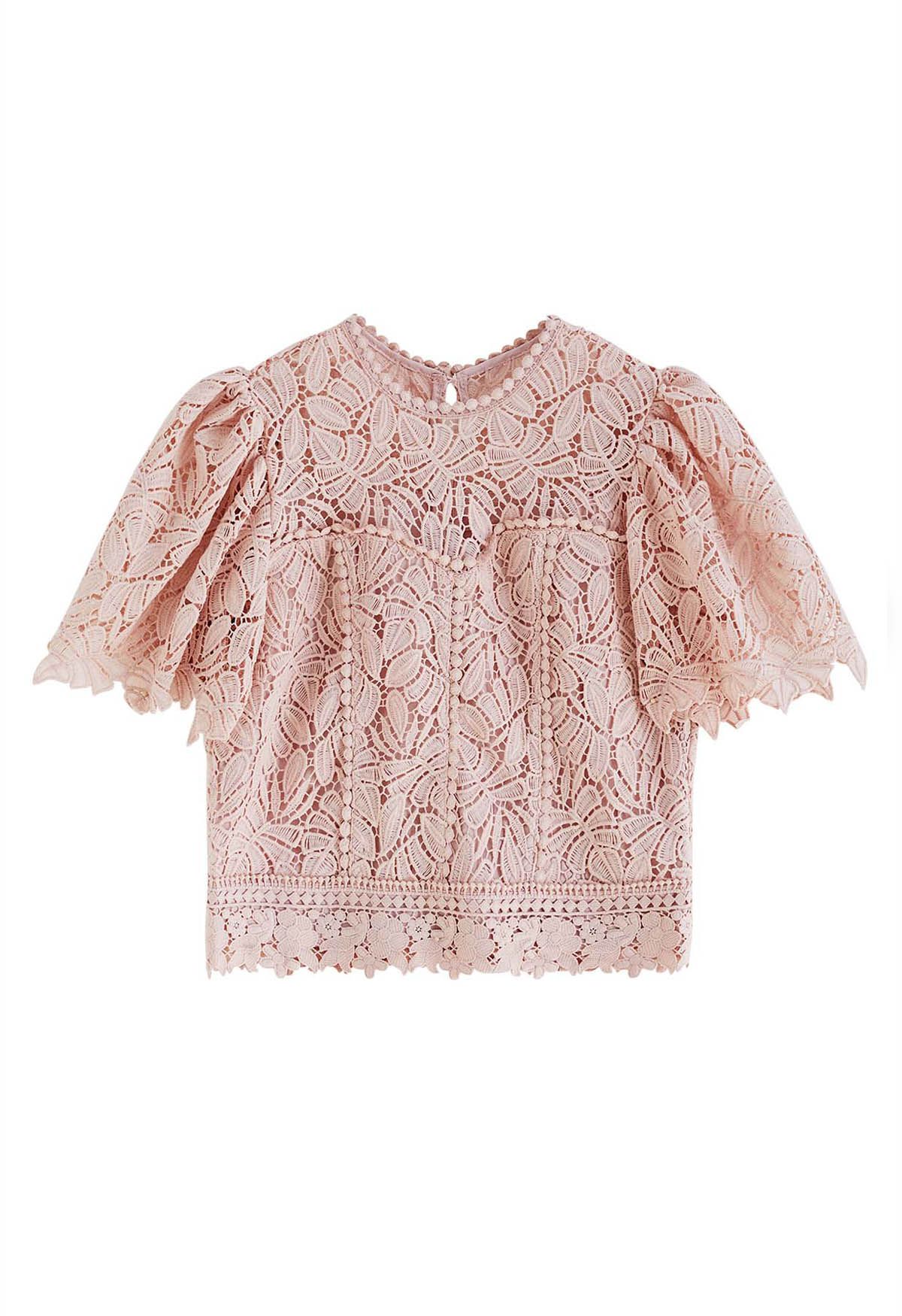 Leaf Cutwork Crochet Puff Sleeve Top in Pink