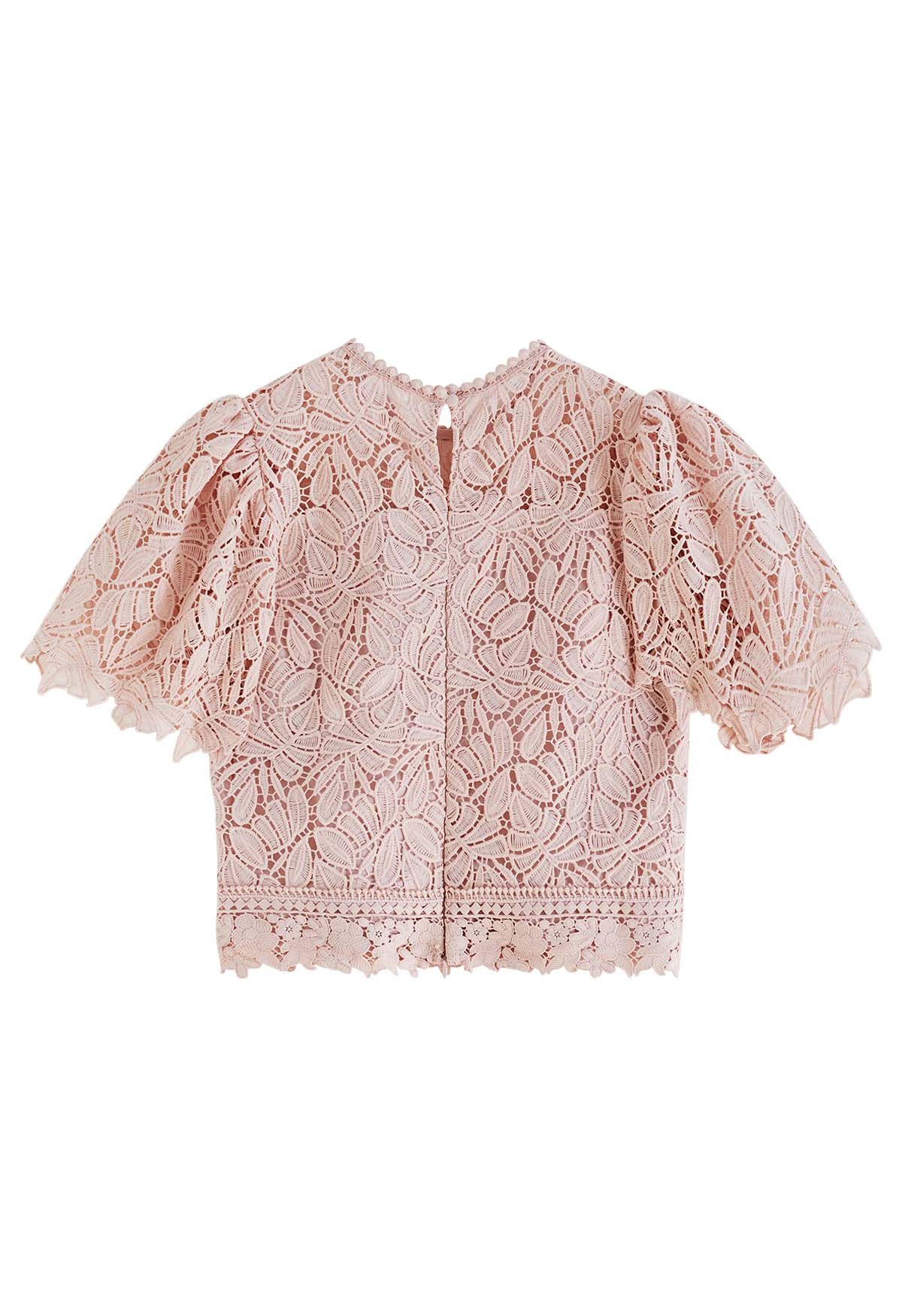 Leaf Cutwork Crochet Puff Sleeve Top in Pink