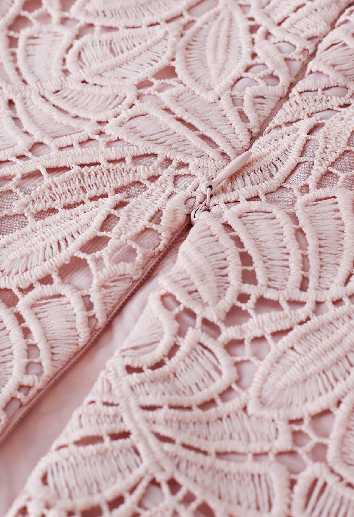 Leaf Cutwork Crochet Puff Sleeve Top in Pink