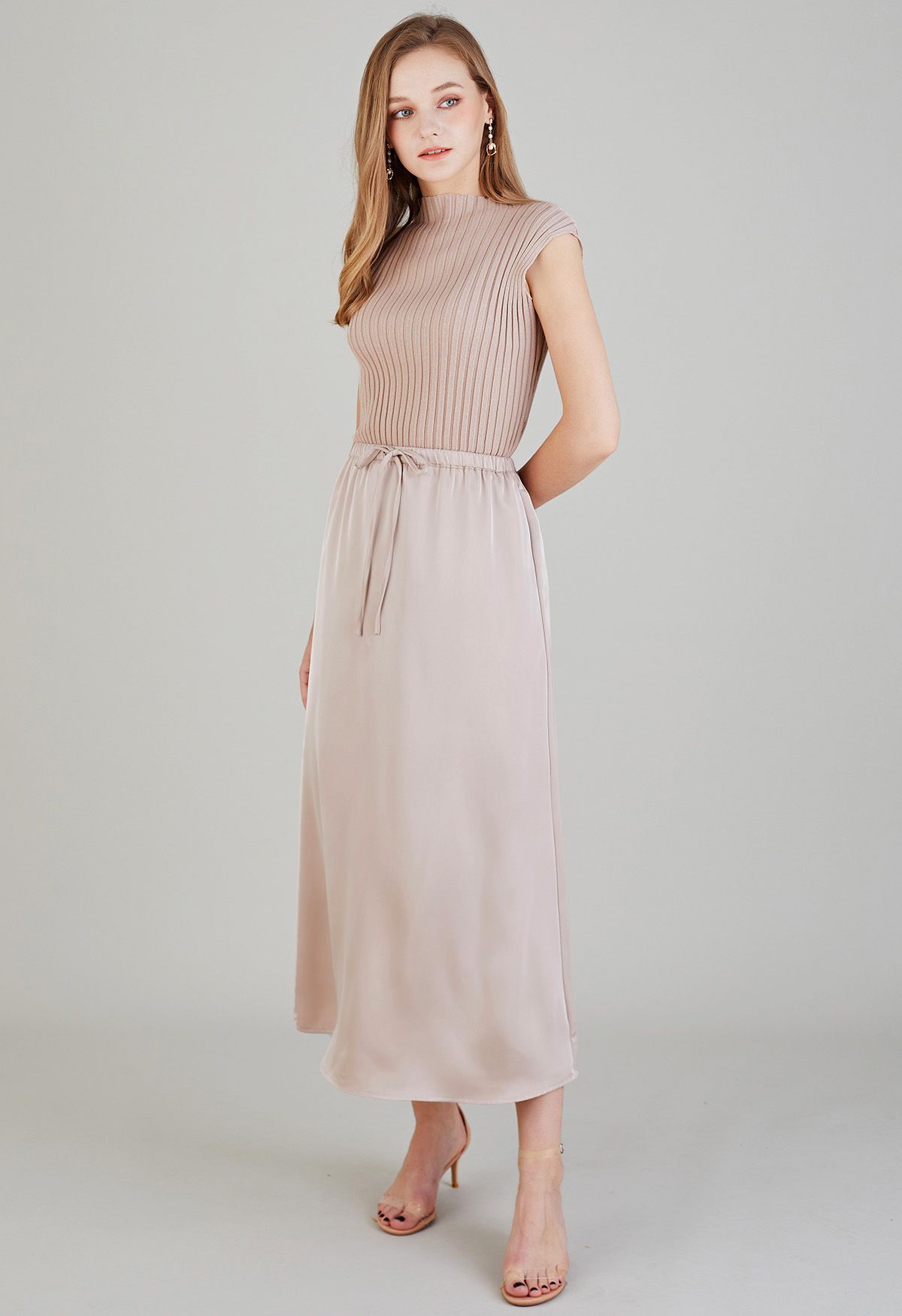 Elastic Drawstring Waist Satin Maxi Skirt in Blush