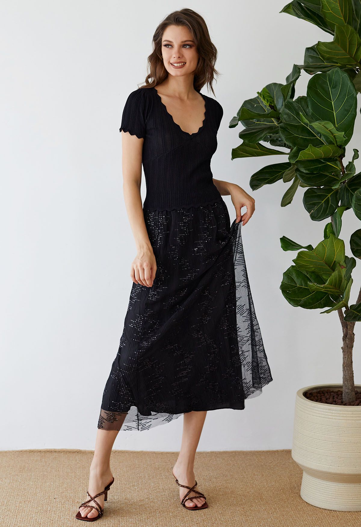 Sequin Embellished Mesh Maxi Skirt in Black