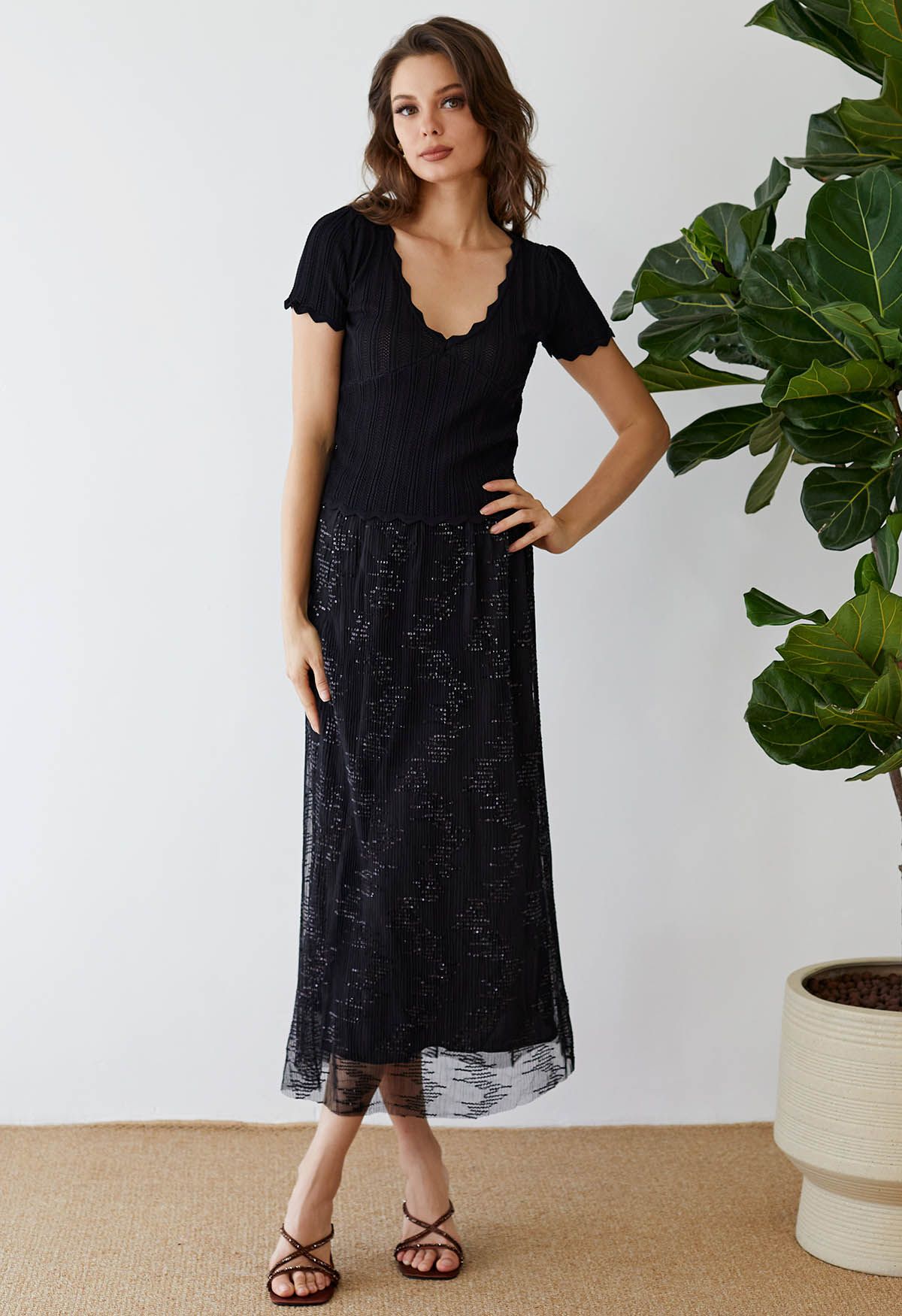 Sequin Embellished Mesh Maxi Skirt in Black