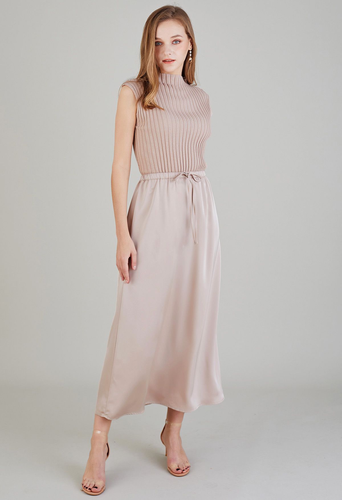 Elastic Drawstring Waist Satin Maxi Skirt in Blush