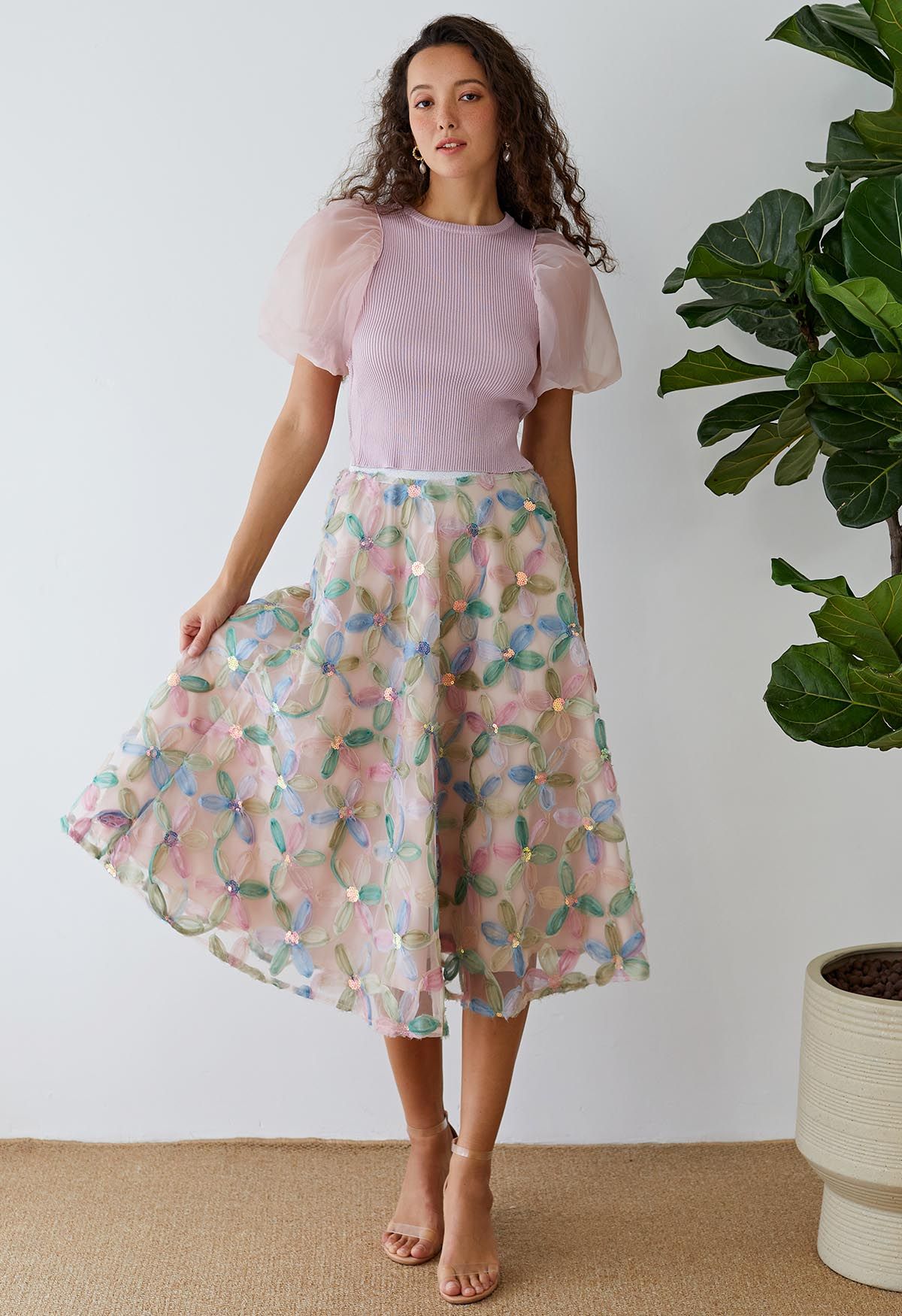 Pastel Mesh Flower Sequined Tulle Midi Skirt