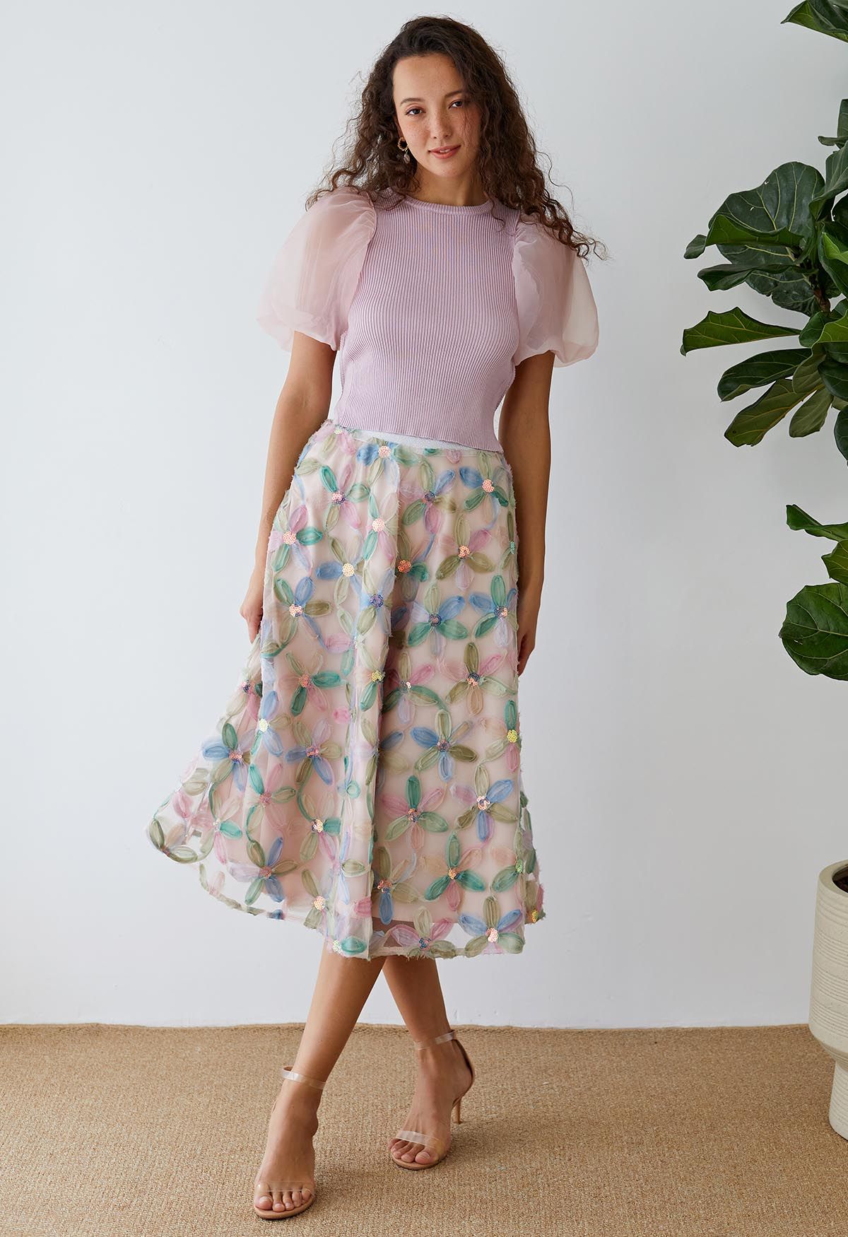 Pastel Mesh Flower Sequined Tulle Midi Skirt