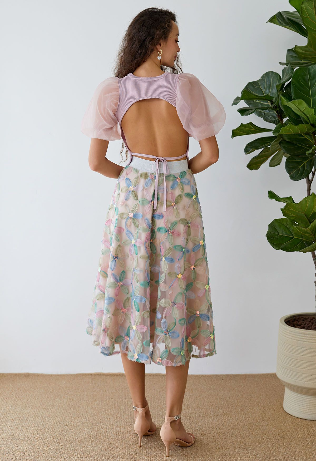 Pastel Mesh Flower Sequined Tulle Midi Skirt