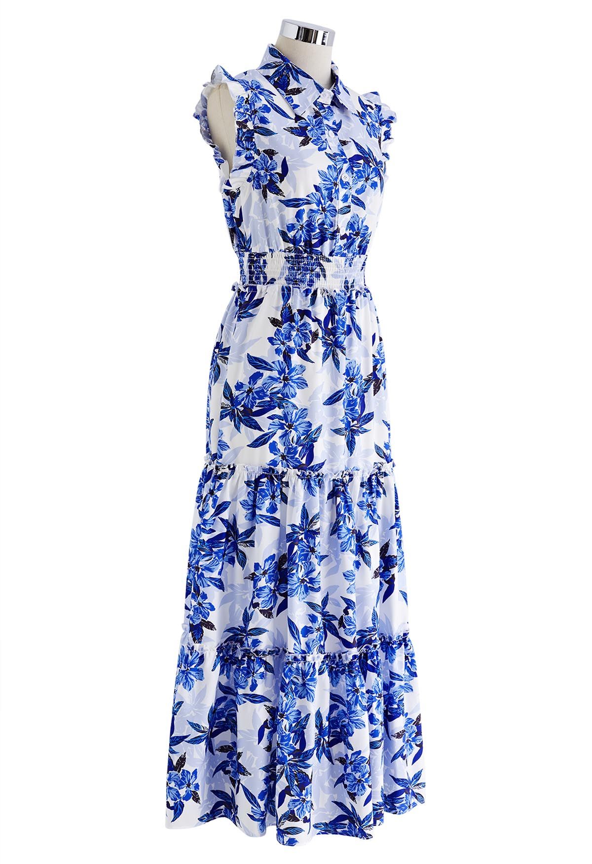 Blue Floral Collared Buttoned Sleeveless Dress