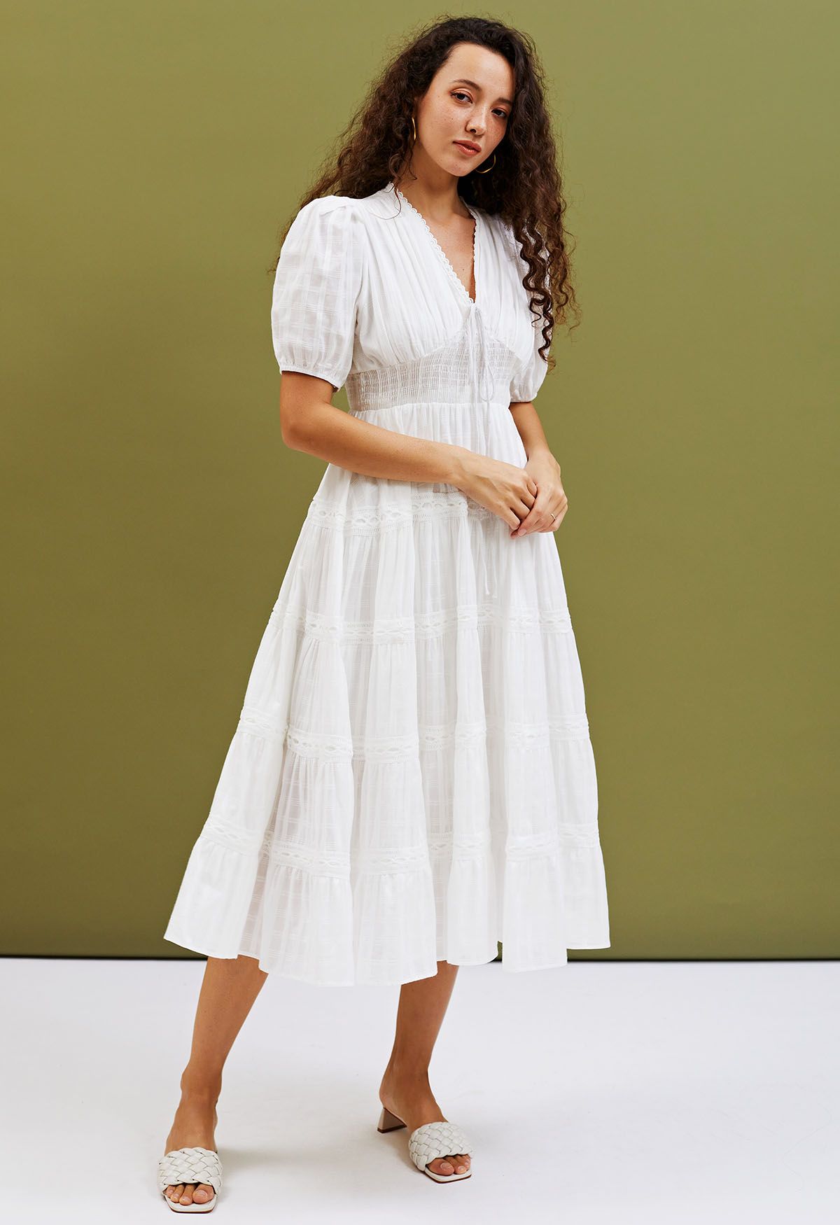 Scalloped V-Neck Checked Midi Dress in White