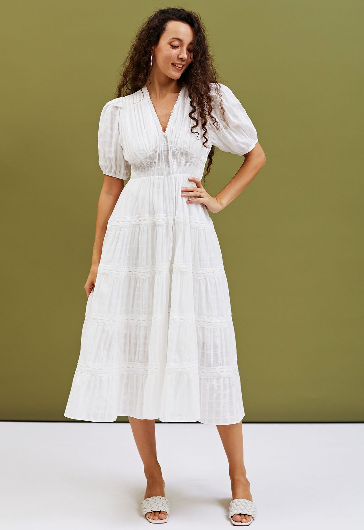 Scalloped V-Neck Checked Midi Dress in White