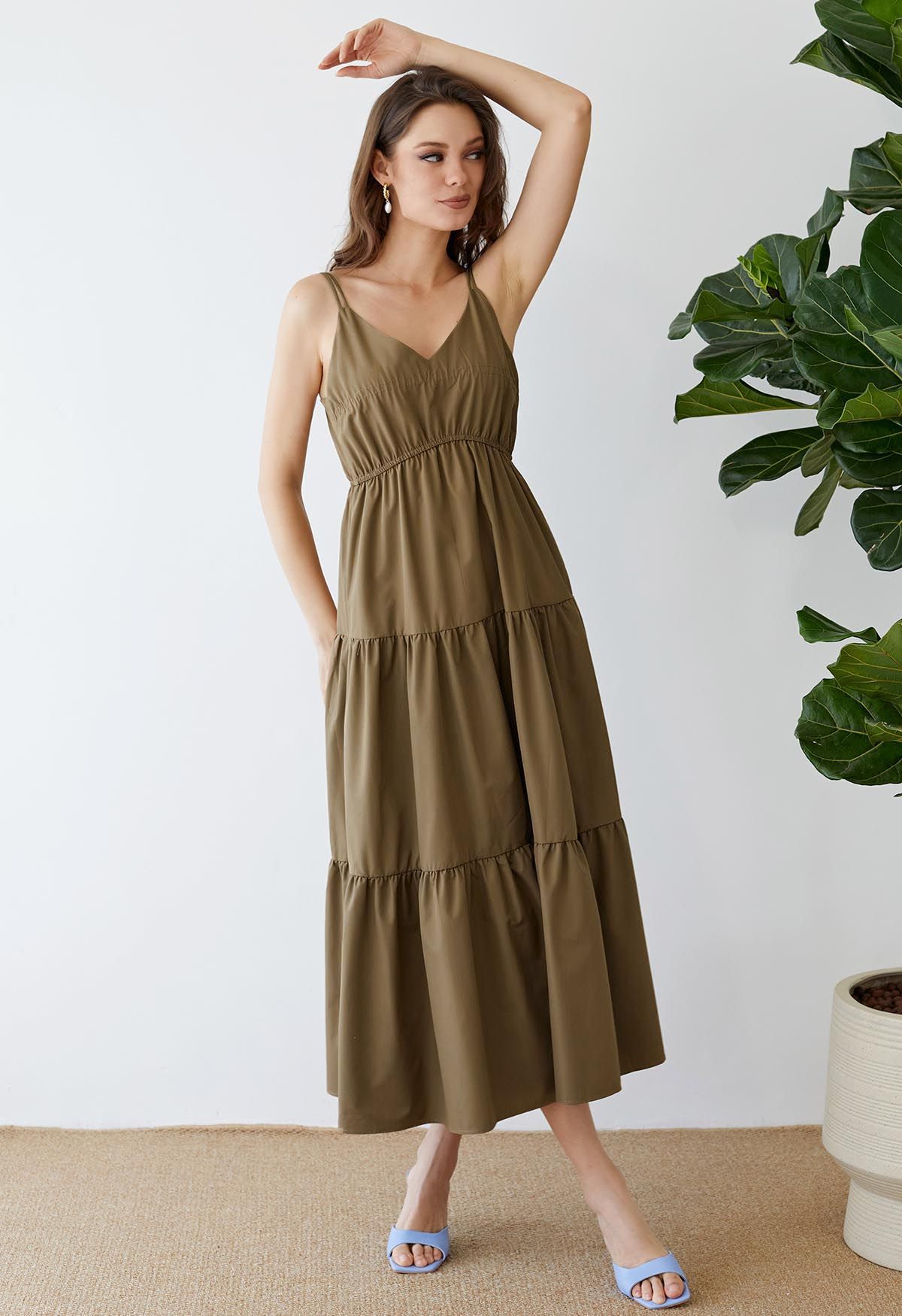 Double Straps Tie-Back Cami Dress in Brown