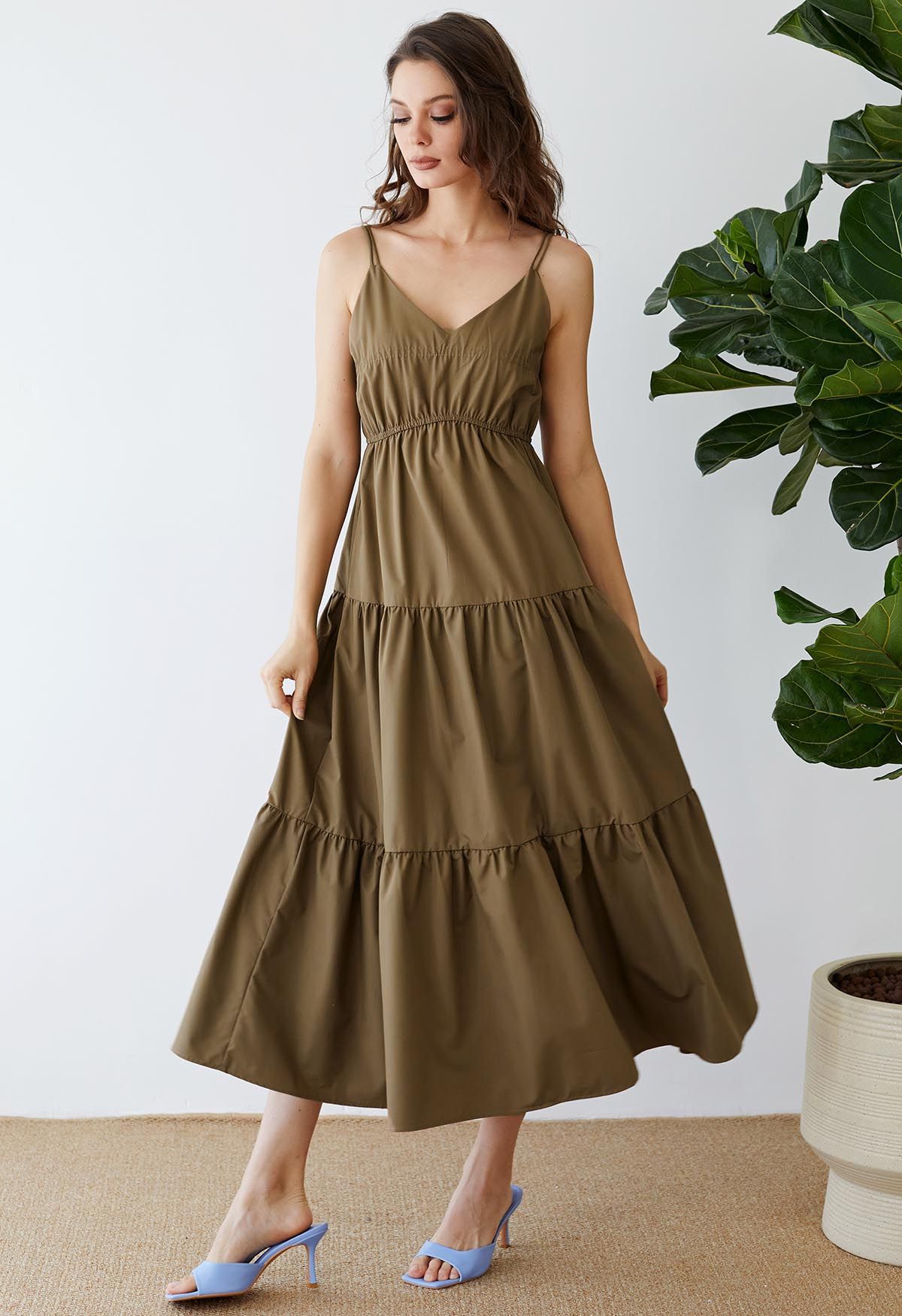 Double Straps Tie-Back Cami Dress in Brown