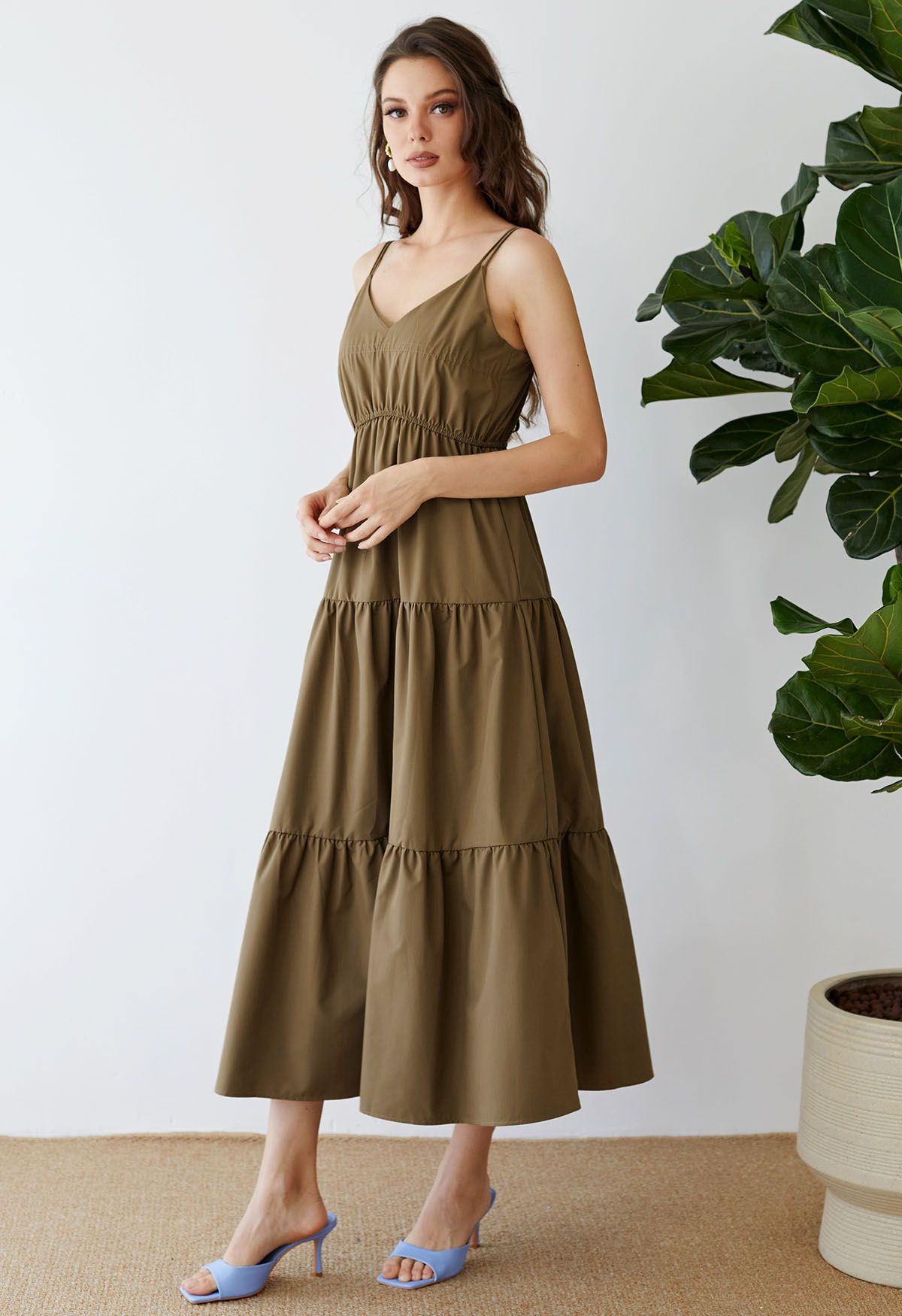 Double Straps Tie-Back Cami Dress in Brown