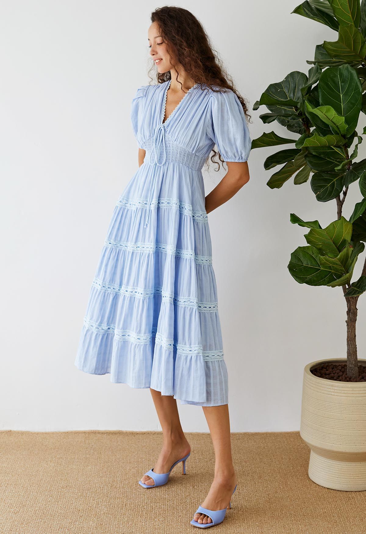 Scalloped V-Neck Checked Midi Dress in Blue