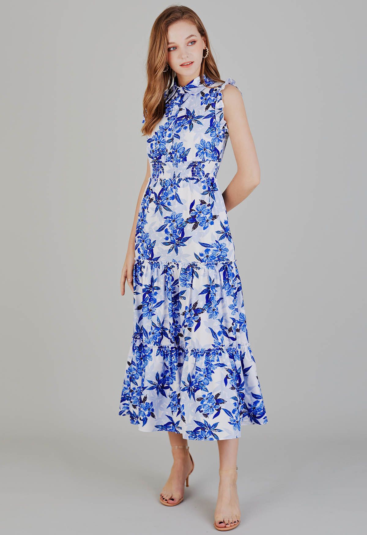 Blue Floral Collared Buttoned Sleeveless Dress