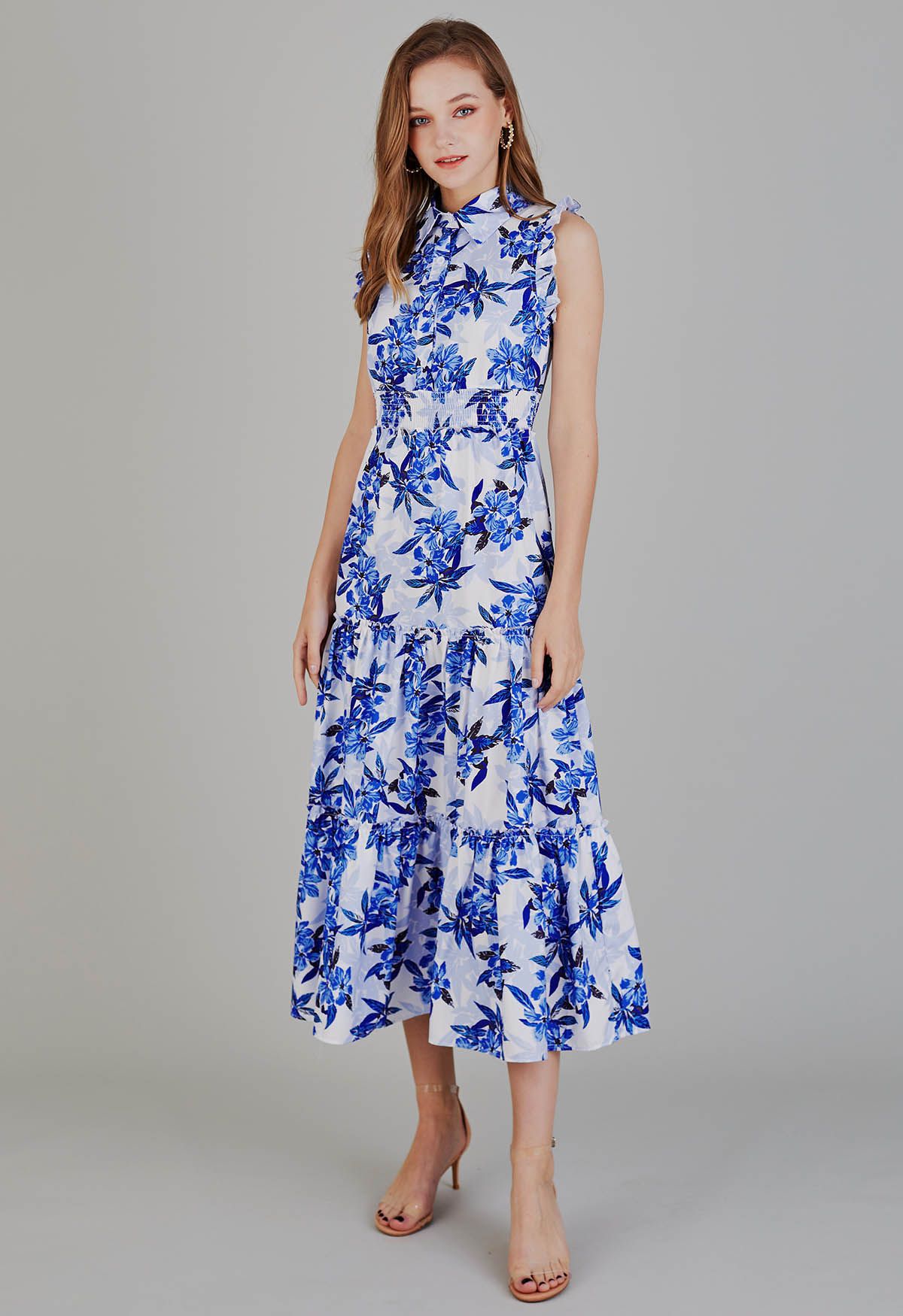 Blue Floral Collared Buttoned Sleeveless Dress