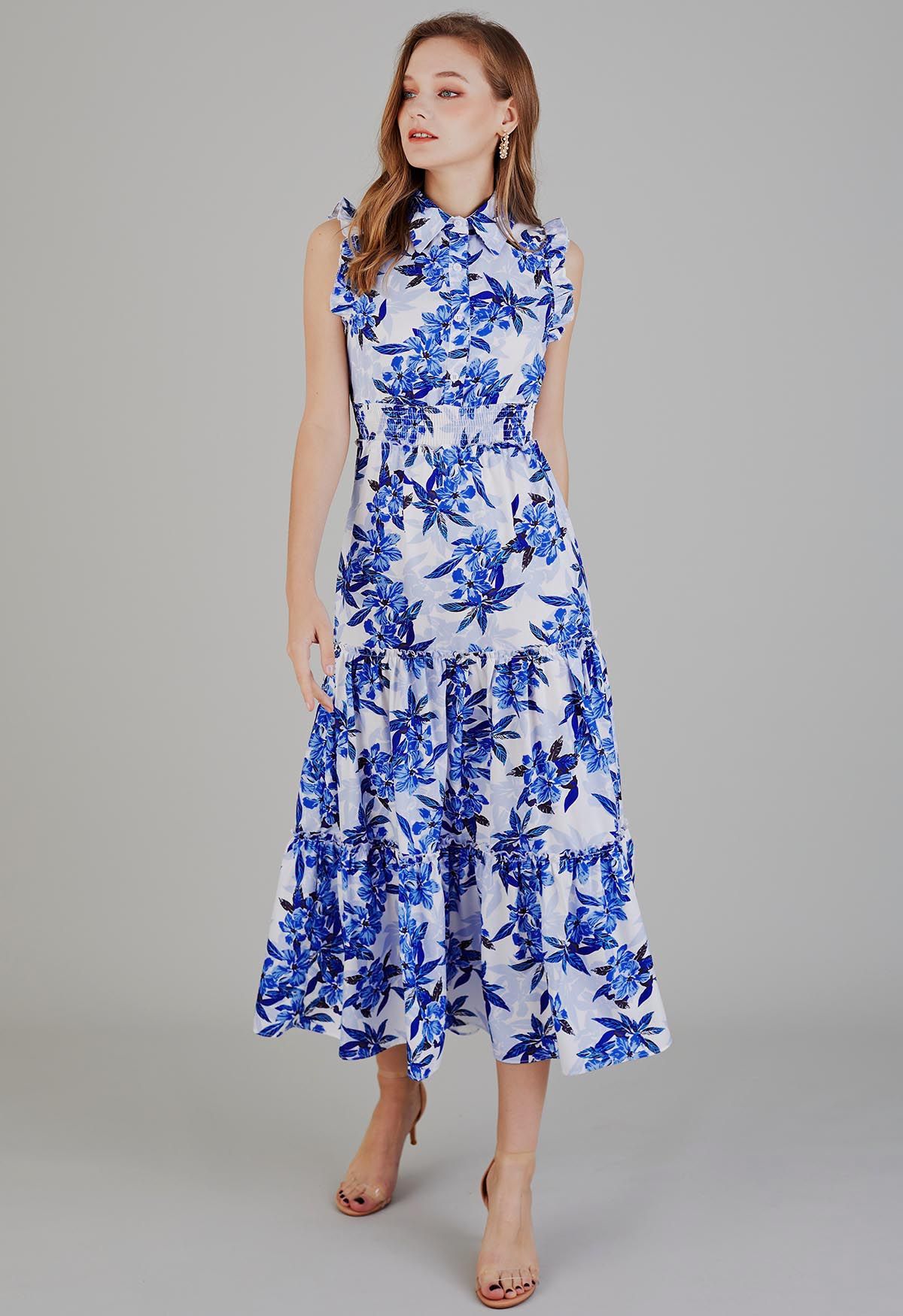 Blue Floral Collared Buttoned Sleeveless Dress