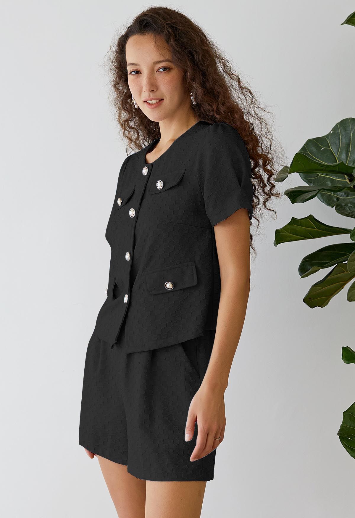 Fake Flap Pockets Button Down Top and Shorts Set in Black