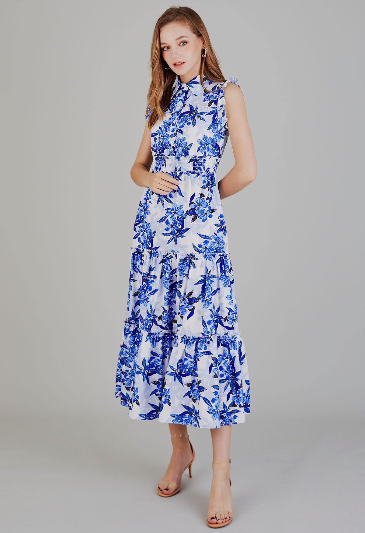 Blue Floral Collared Buttoned Sleeveless Dress