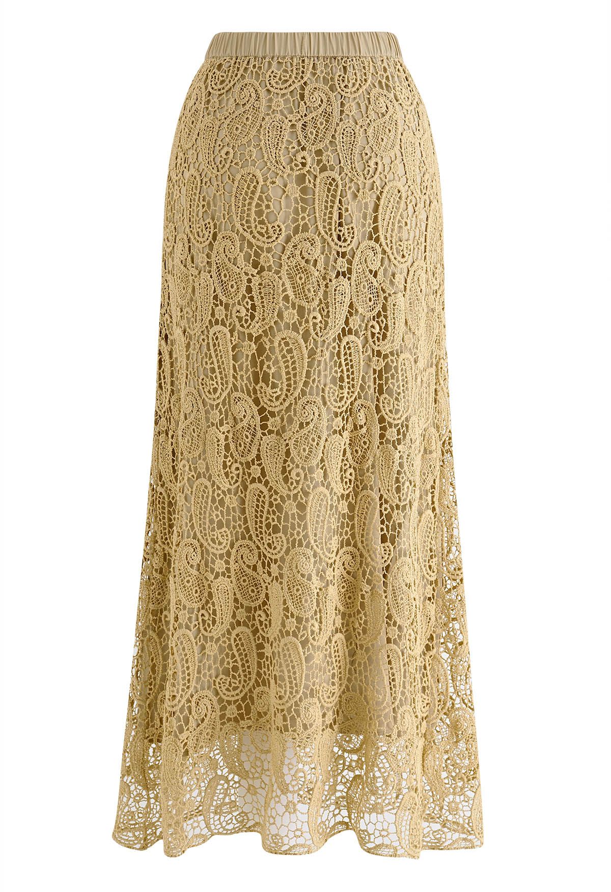 Paisley Cutwork Lace Maxi Skirt in Tan