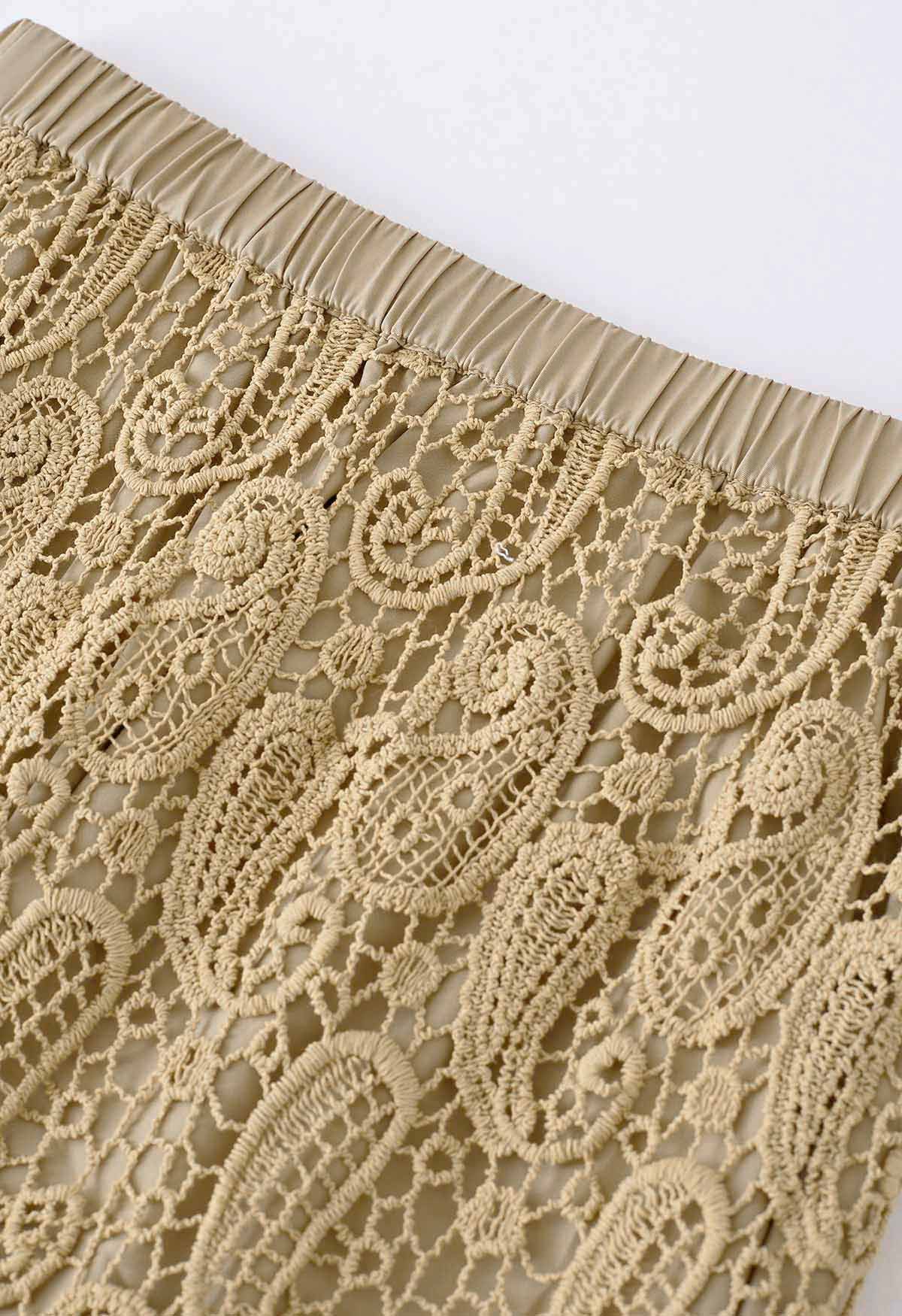 Paisley Cutwork Lace Maxi Skirt in Tan