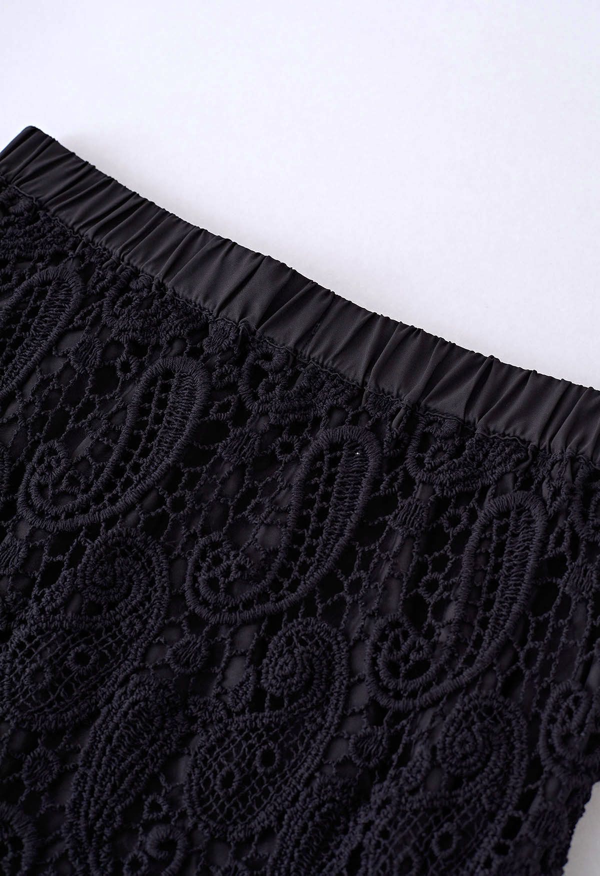 Paisley Cutwork Lace Maxi Skirt in Black