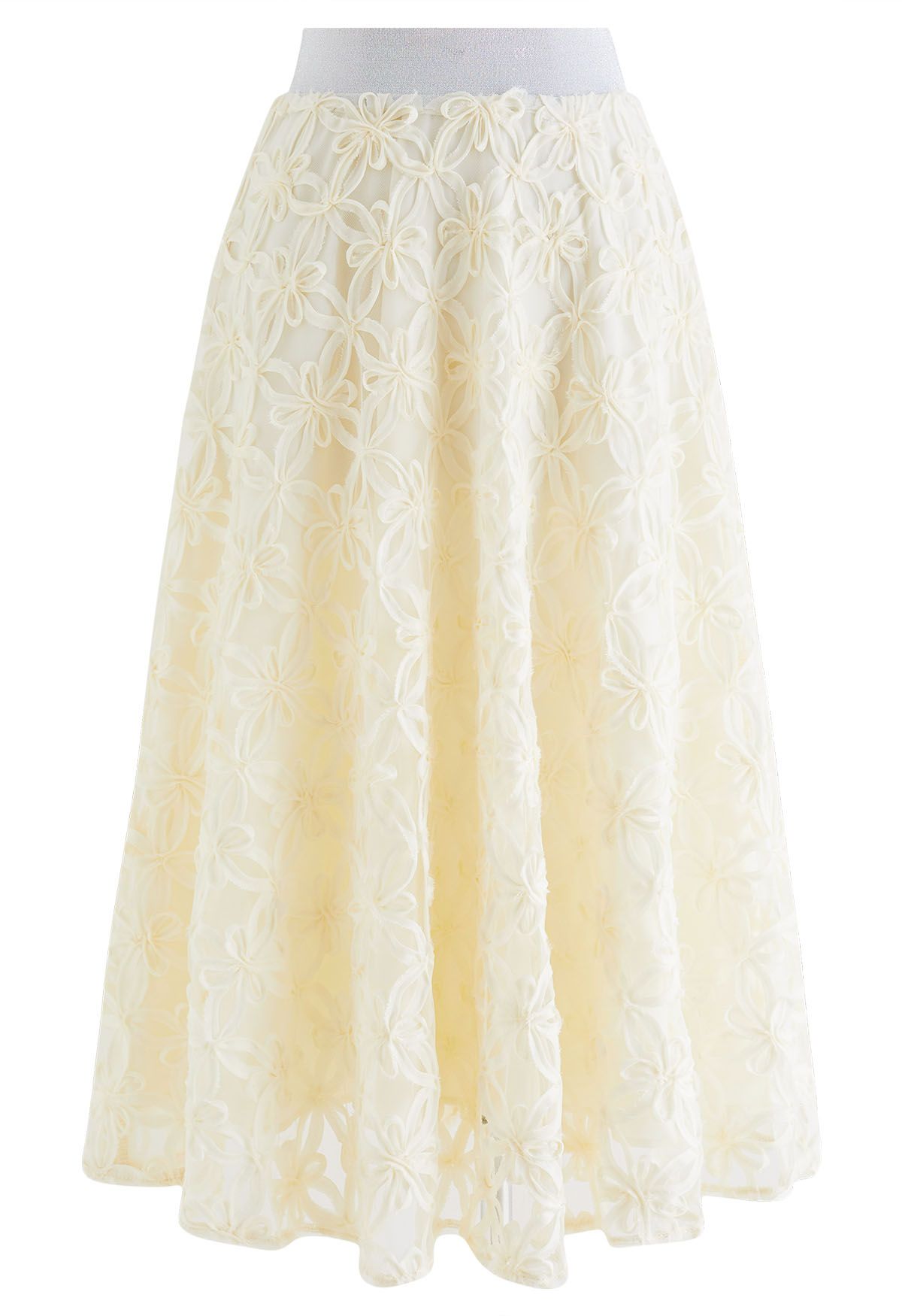 Flower Stitch Mesh Tulle Midi Skirt in Light Yellow