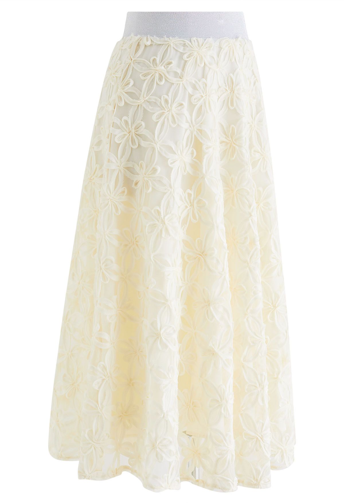 Flower Stitch Mesh Tulle Midi Skirt in Light Yellow