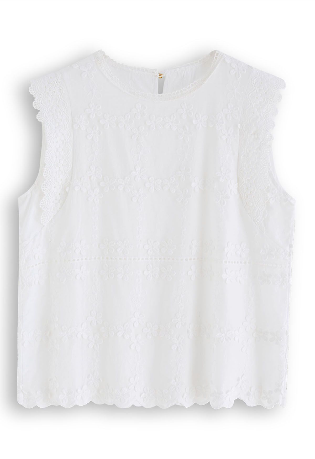 Crochet Lace Trim Embroidered Floret Sleeveless Top in White