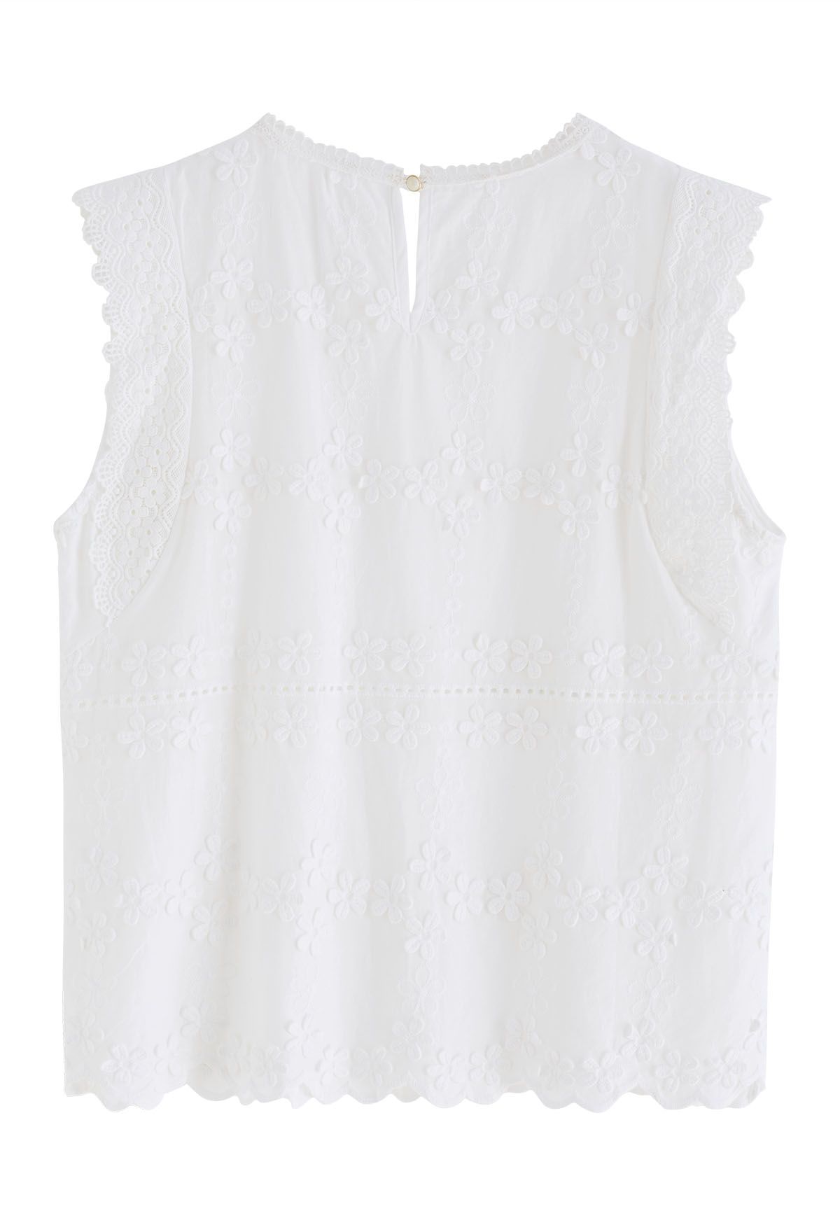 Crochet Lace Trim Embroidered Floret Sleeveless Top in White