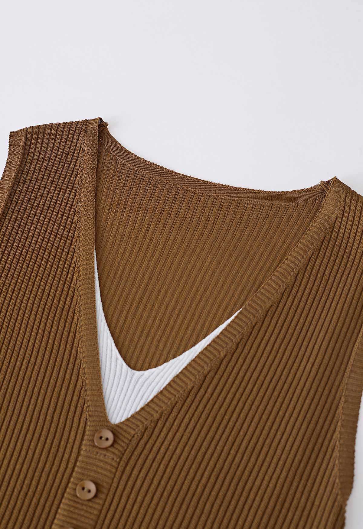 Fake Two-Piece Buttoned Ribbed Knit Top in Caramel