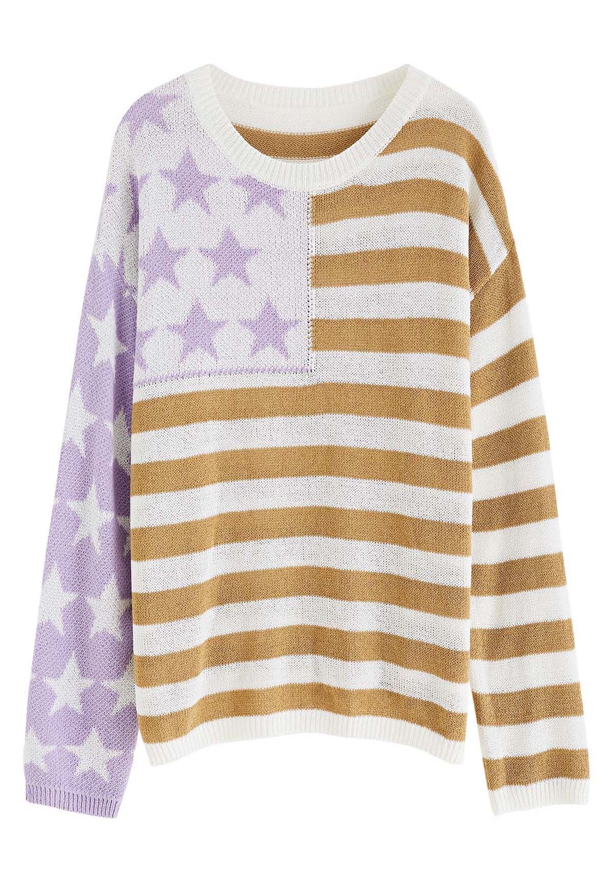 The Stars and The Stripes Printed Knit Sweater in Tan