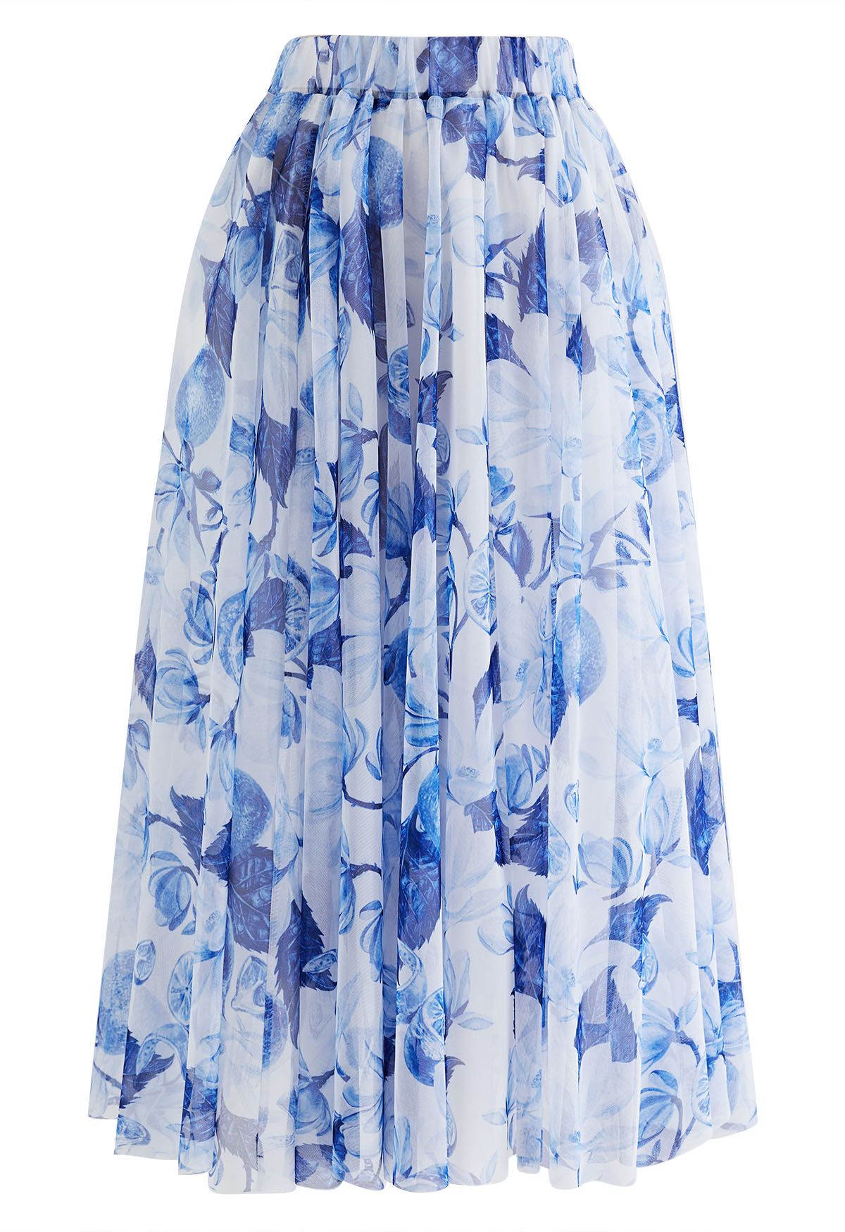 Indigo Lemon Printed Mesh Tulle Midi Skirt