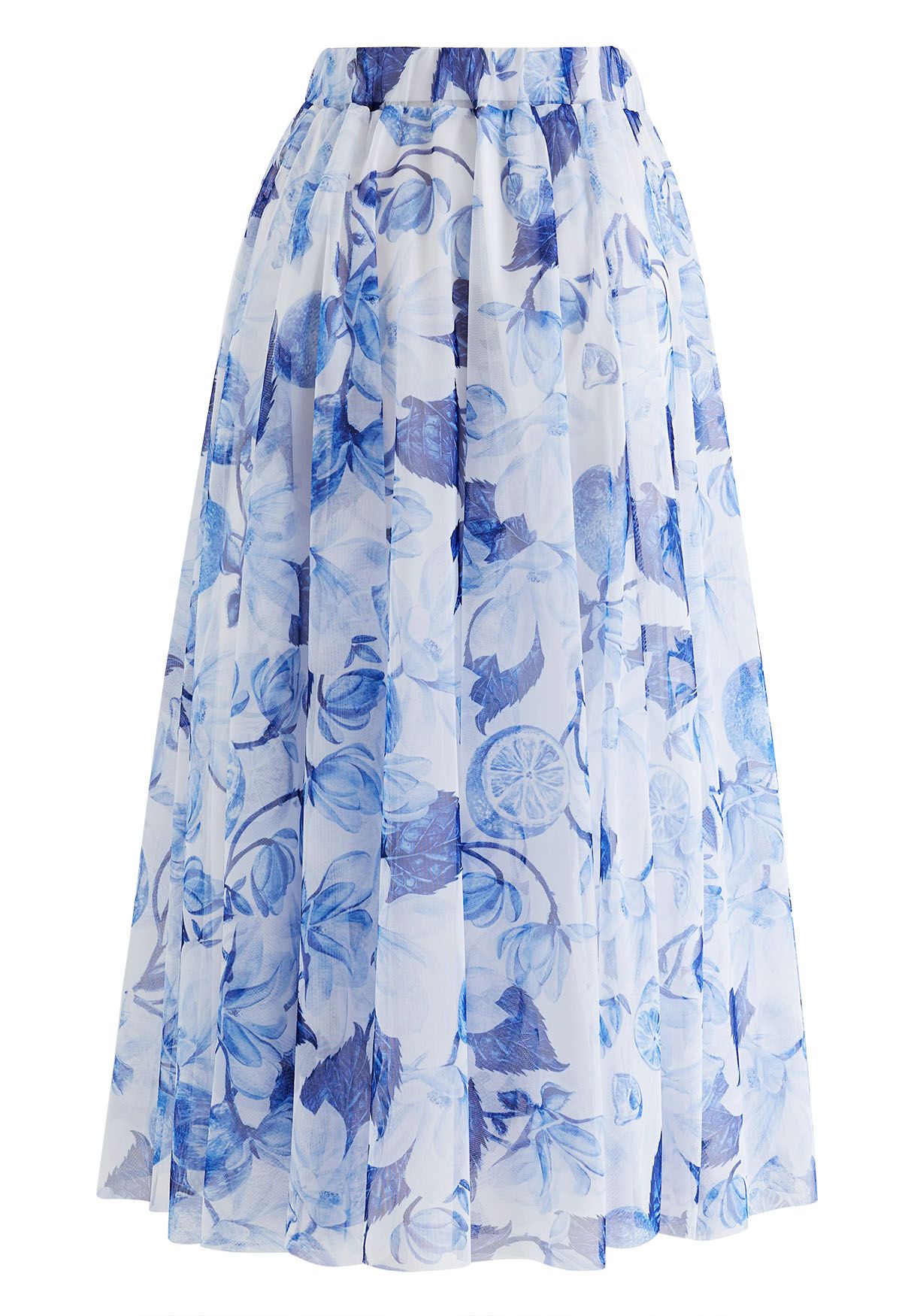 Indigo Lemon Printed Mesh Tulle Midi Skirt