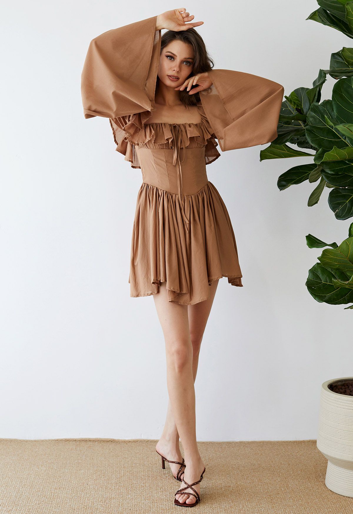 Ruffle Neckline Flare Sleeves Asymmetric Frilling Dress