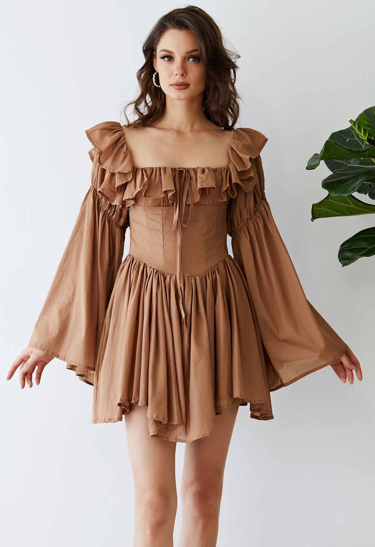 Ruffle Neckline Flare Sleeves Asymmetric Frilling Dress