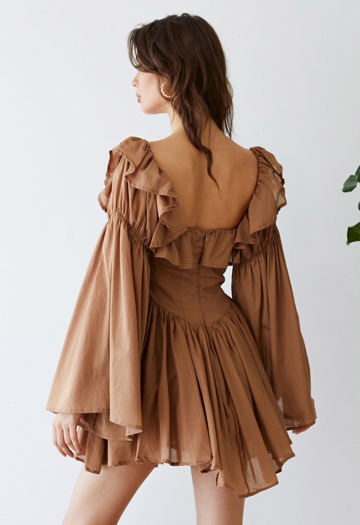 Ruffle Neckline Flare Sleeves Asymmetric Frilling Dress