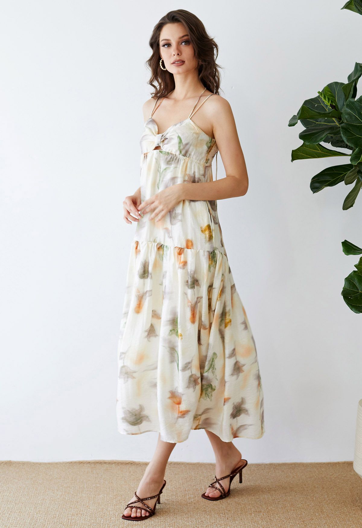 Tie Back Knotted Watercolor Floral Maxi Dress