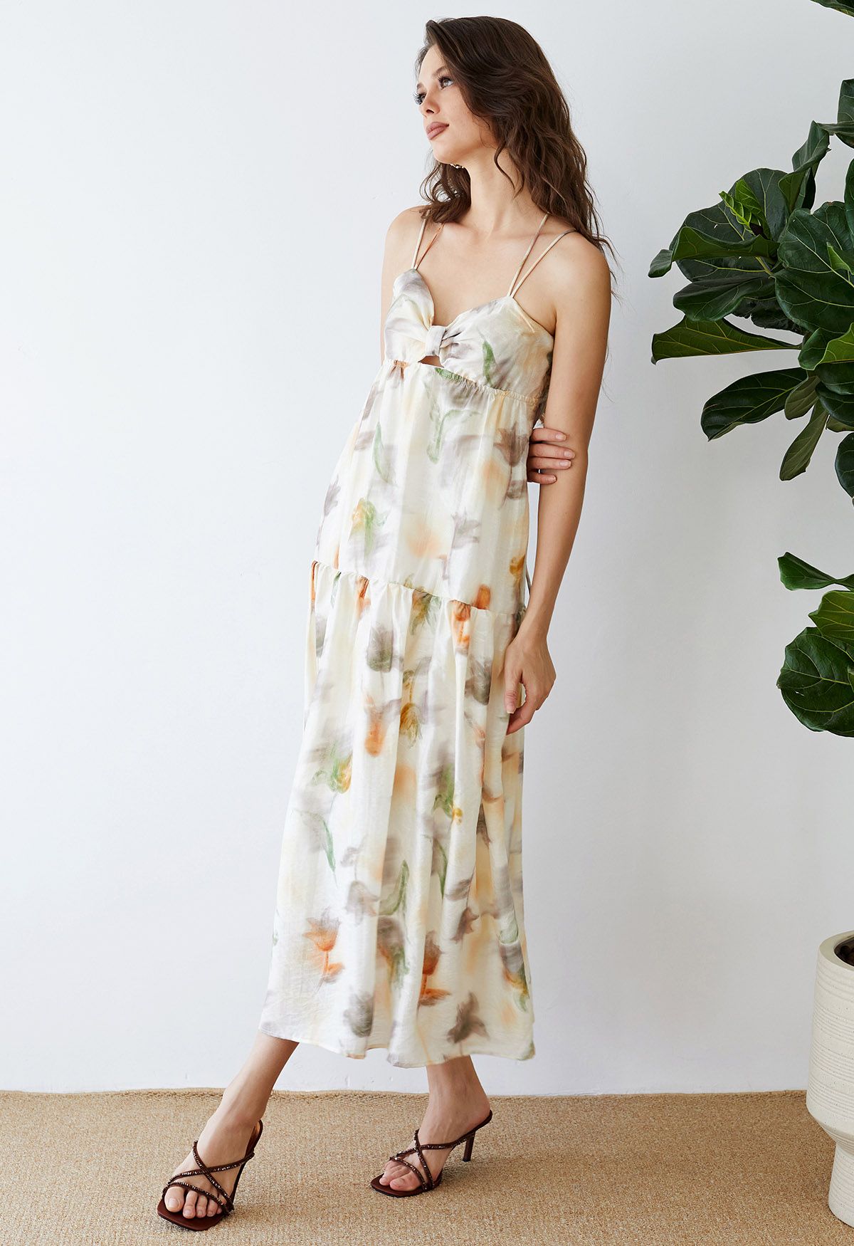 Tie Back Knotted Watercolor Floral Maxi Dress