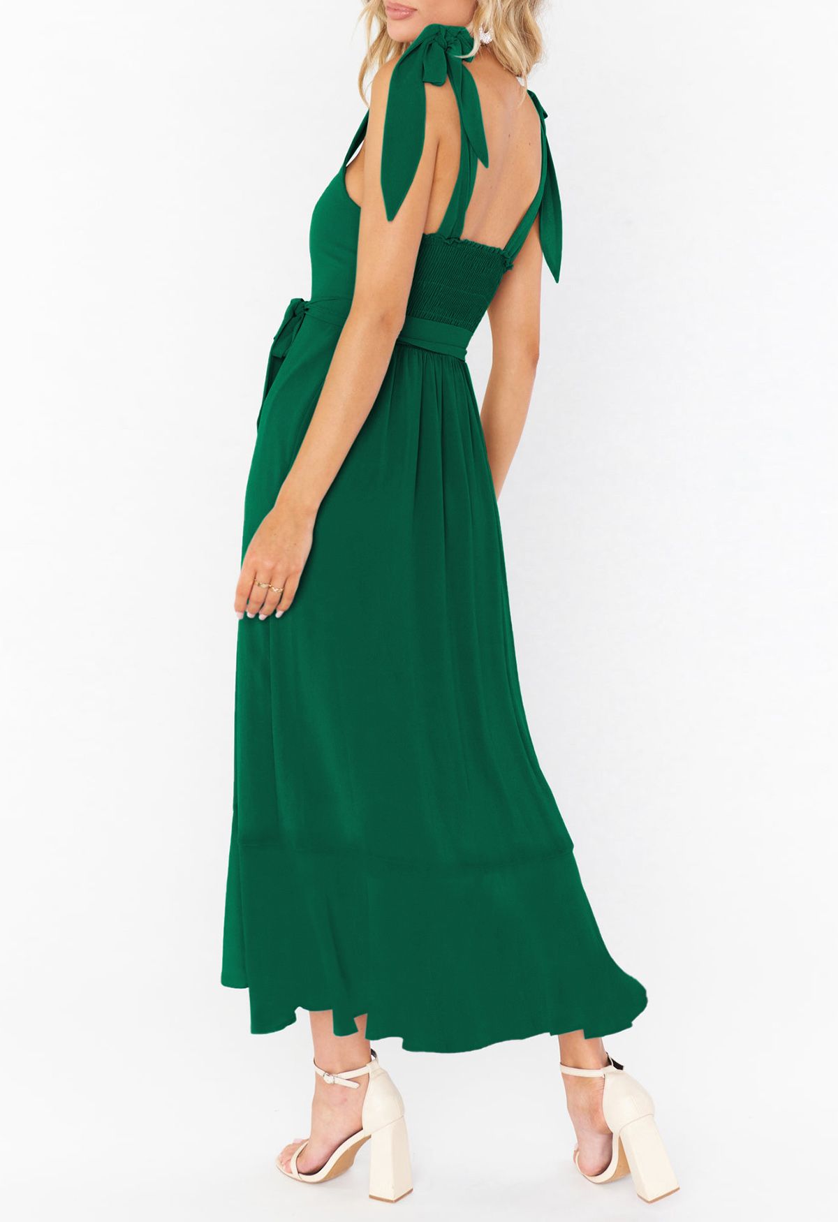 Ruffle Hem Tie-Shoulder Cami Dress in Green