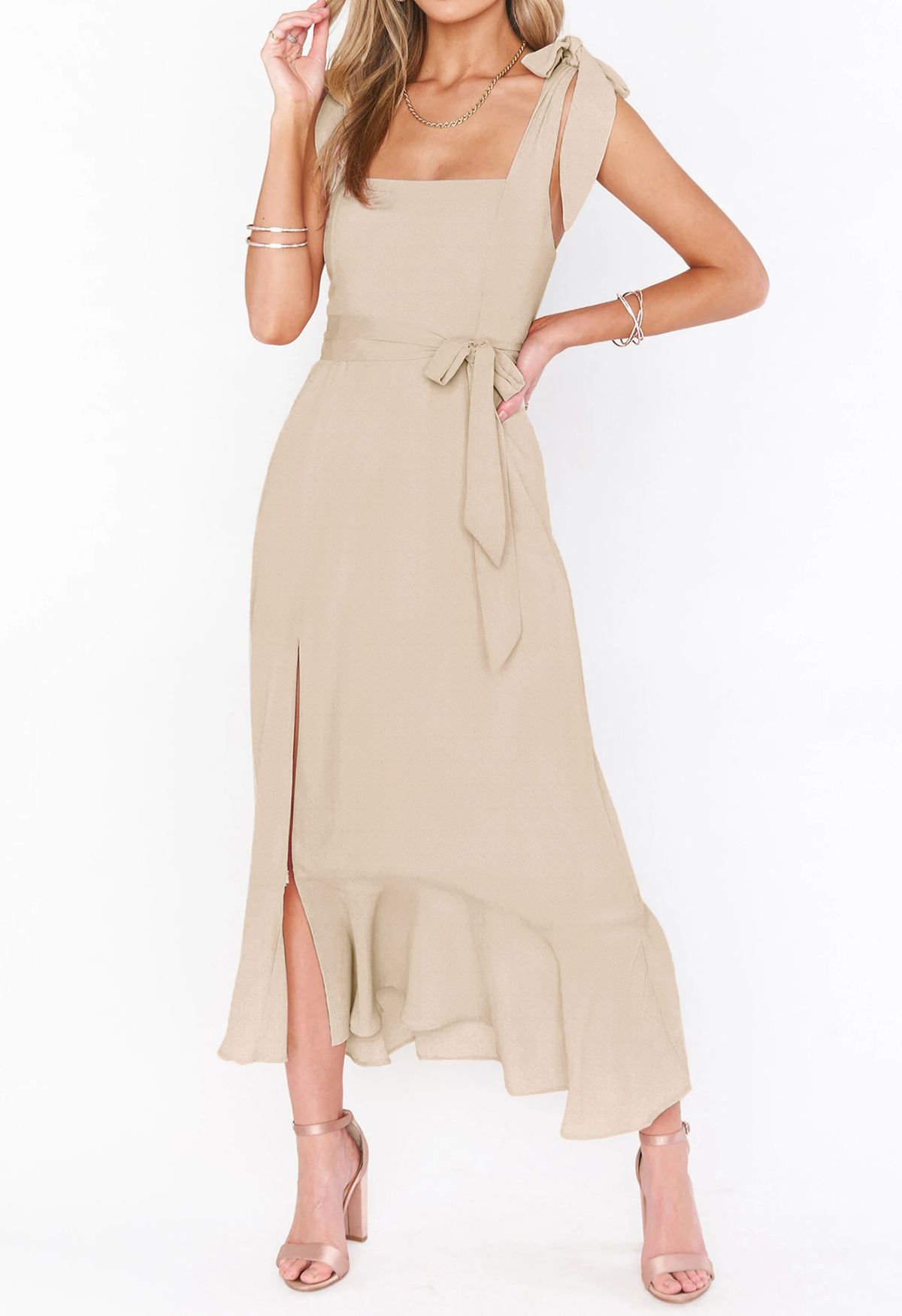 Ruffle Hem Tie-Shoulder Cami Dress in Light Tan