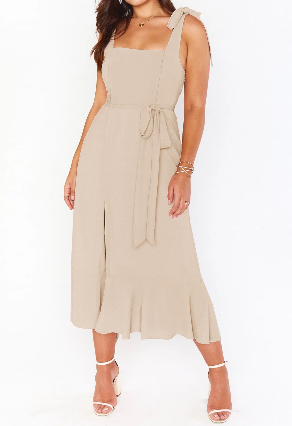 Ruffle Hem Tie-Shoulder Cami Dress in Light Tan