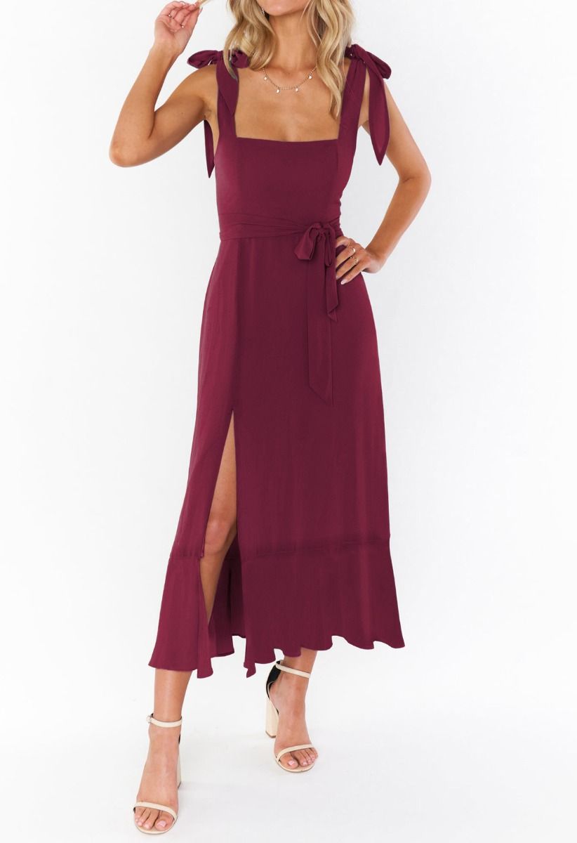 Ruffle Hem Tie-Shoulder Cami Dress in Burgundy