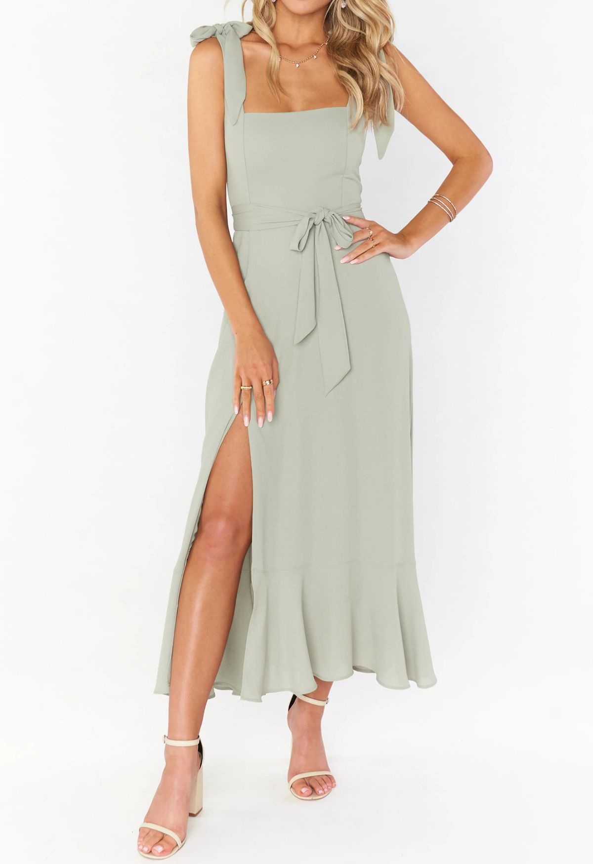 Ruffle Hem Tie-Shoulder Cami Dress in Pea Green