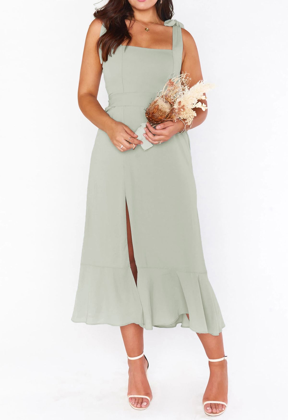 Ruffle Hem Tie-Shoulder Cami Dress in Pea Green